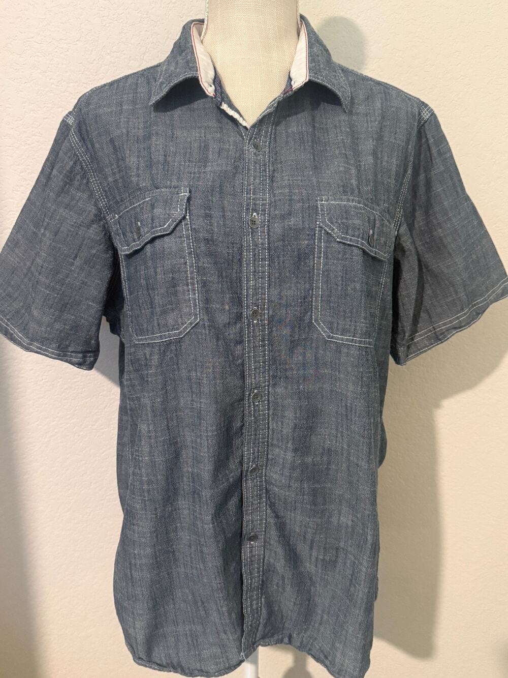 PD&C Denim Chambray Button Front Blue Short Sleeved Shirt Casual Workwear Sz L